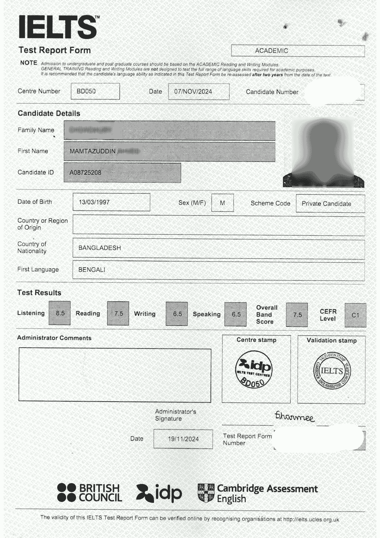 IELTS score report - Mamtazuddin Ahmed