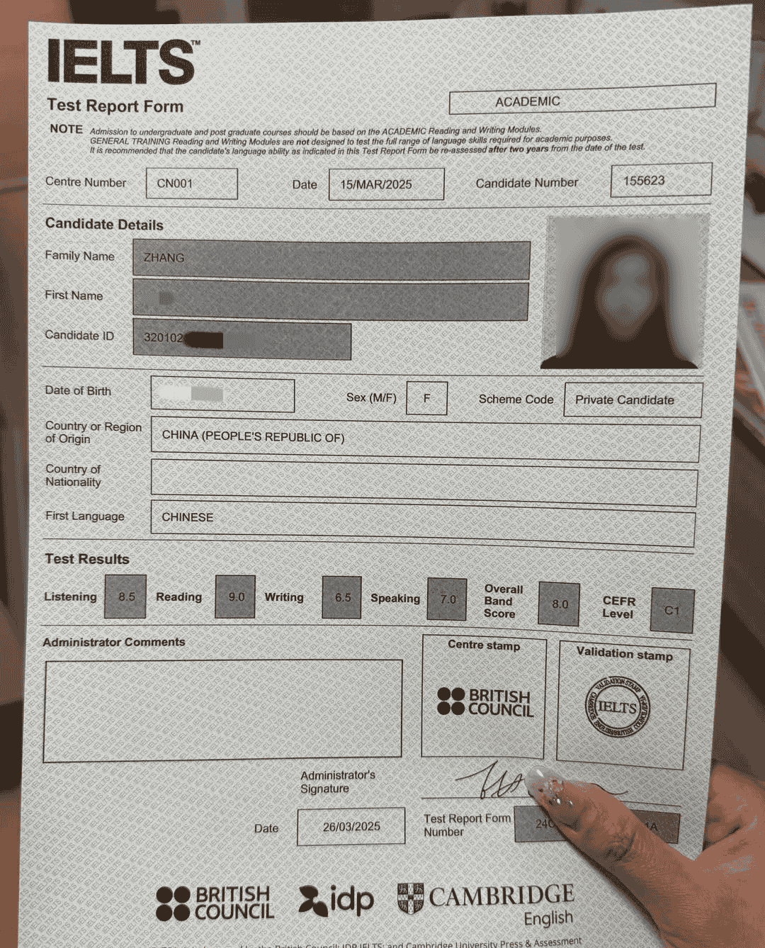 IELTS score report - Zhang Lihua