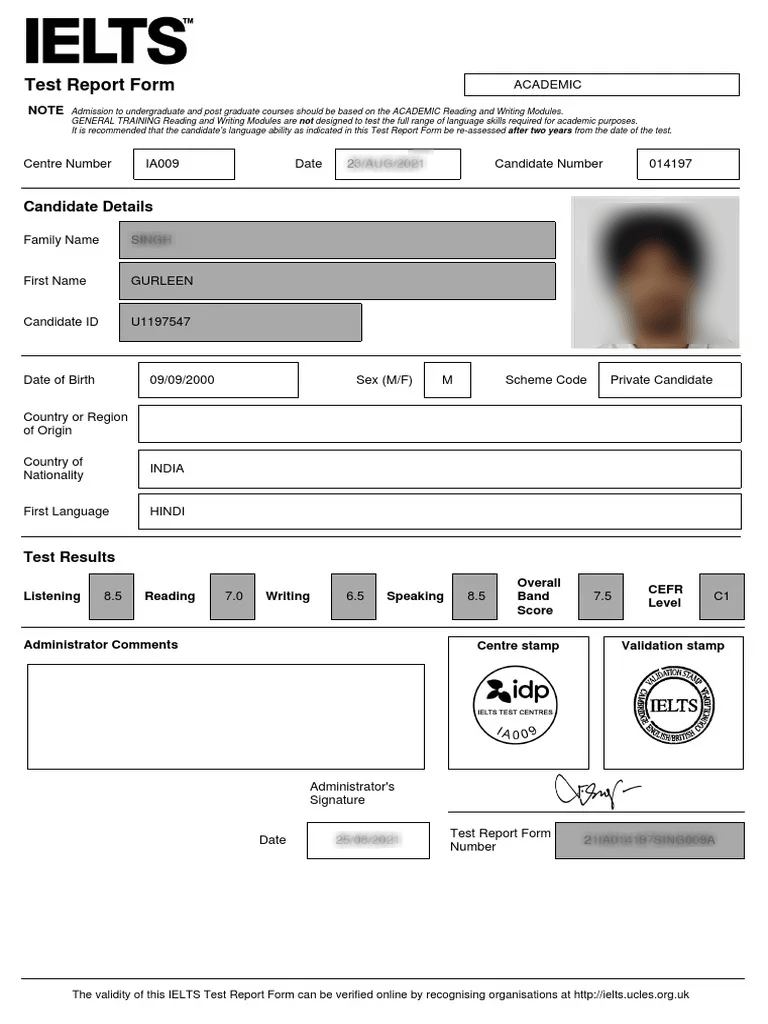 IELTS score report - Gurleen Singh