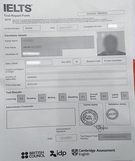 IELTS score report - David Okonkwo